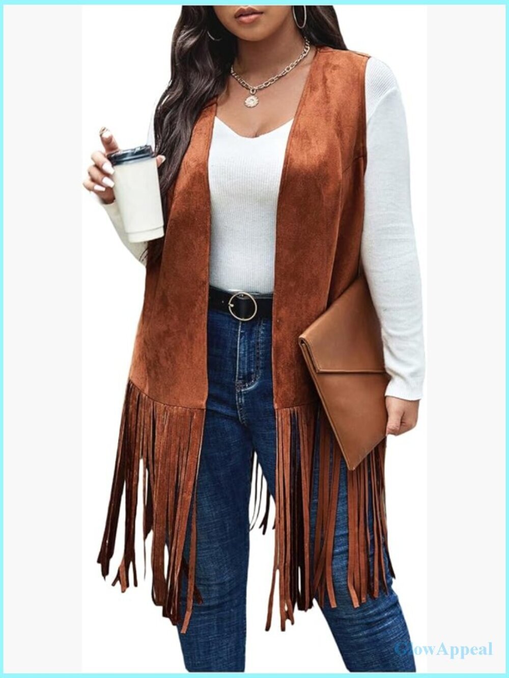 Plus Size Faux Suede Fringe Hem Open Front Cardigan Vest Coat